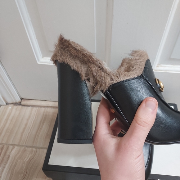 Gucci Black Princetown Fur Leather Malaga Canberra Heel Mule Slide - Picture 3 of 11